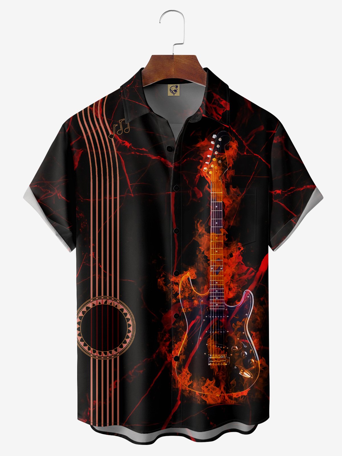 Rock Music Guitar Chest Pocket Short Sleeve Bowling Shirt