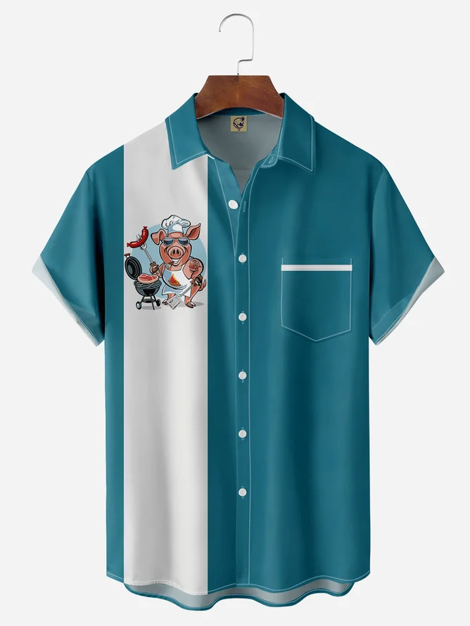 Hardaddy Big Size BBQ Chef Pig Chest Pocket Short Sleeve Bowling Shirt