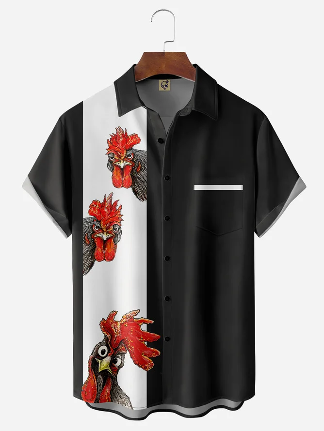 Hardaddy Big Size Rooster Chest Pocket Short Sleeve Bowling Shirt