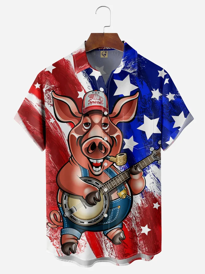 Hardaddy Big Size Flag Animal Pig Chest Pocket Short Sleeve Casual Shirt