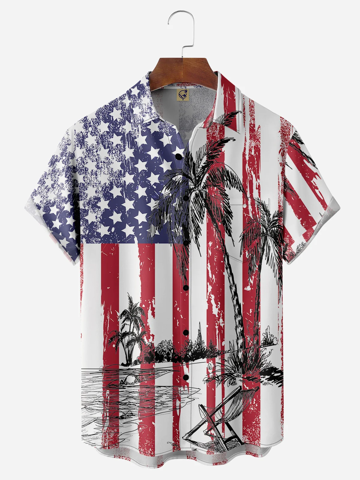 Hardaddy Patriotic Hawaiian Shirts Flag Coconut Tree Chest Pocket Short Sleeve Casual Shirt