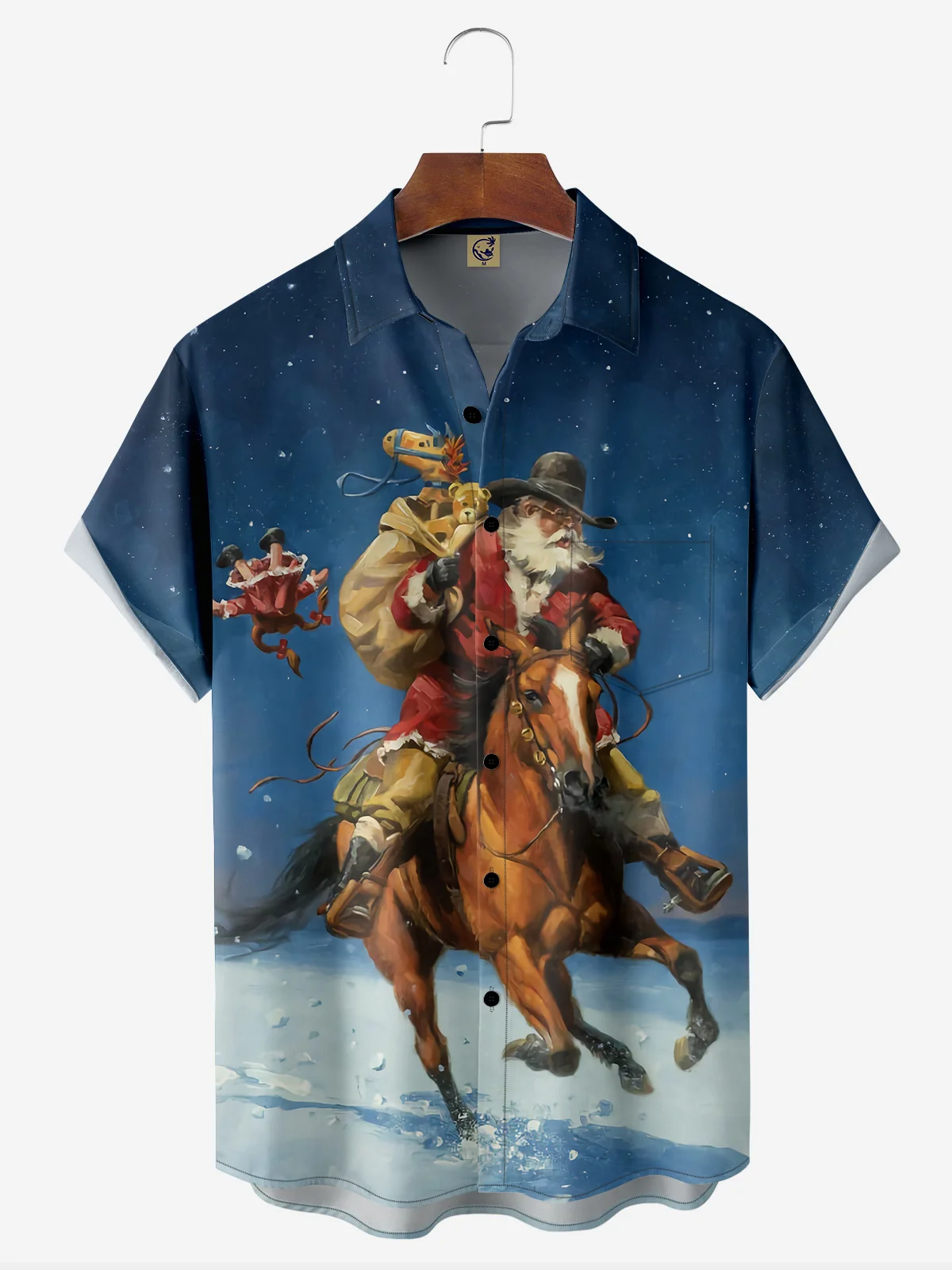 Christmas Cowboy Santa Claus Chest Pocket Short Sleeve Shirt