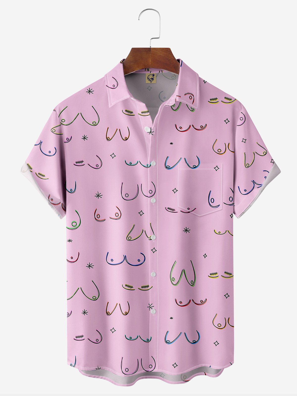 Hardaddy Moisture-Abstract Line Drawing Chest Pocket Short Sleeves Casual Pink Boob Shirt For Men