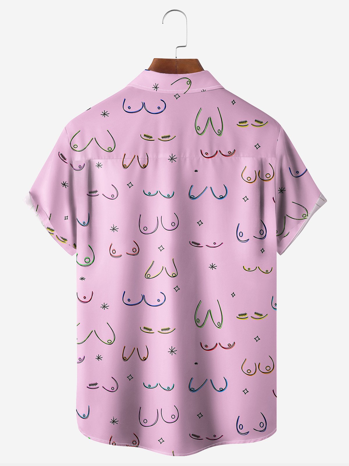 Hardaddy Moisture-Abstract Line Drawing Chest Pocket Short Sleeves Casual Pink Boob Shirt For Men