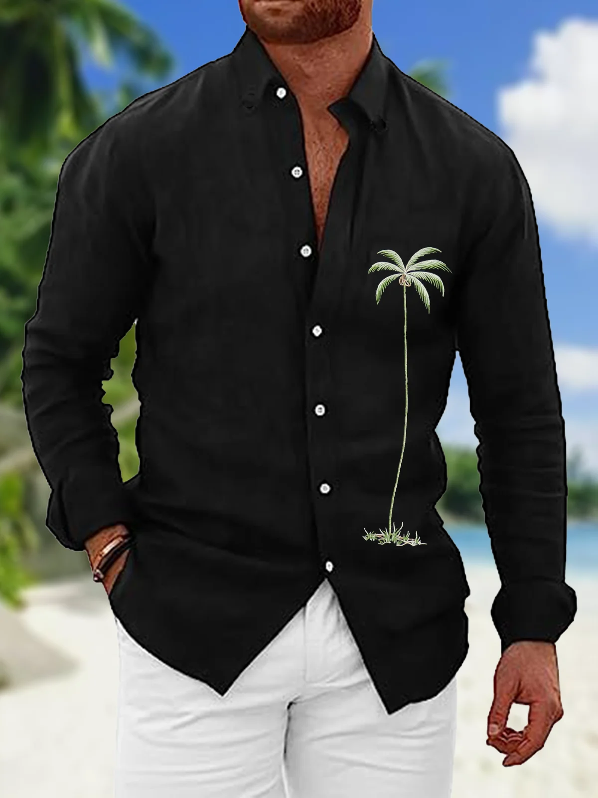 Hardaddy Cotton Coconut Tree Embroidered Long Sleeve Casual Shirt