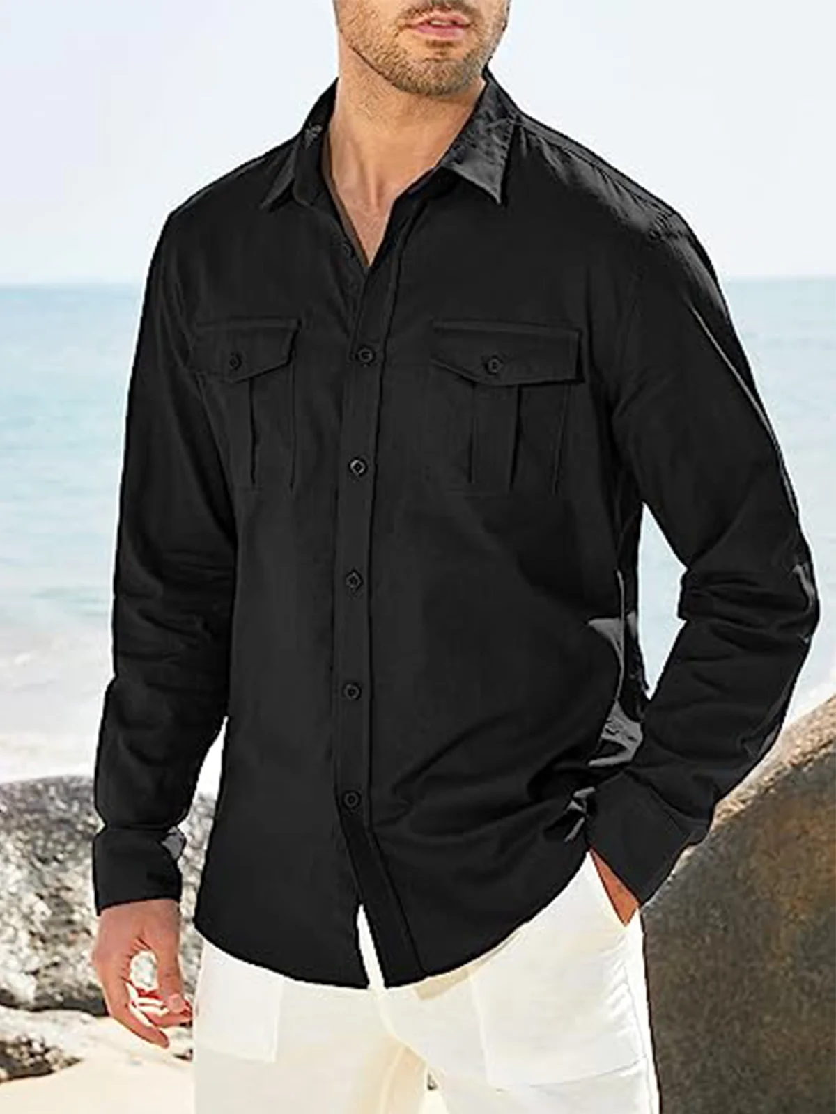 Hardaddy Cotton Plain Flap Pockets Long Sleeve Casual Shirt