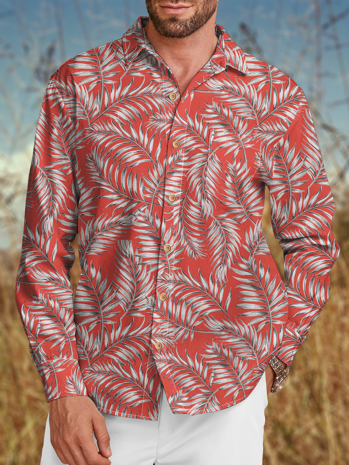Floral Chest Pocket Long Sleeve Casual Shirt