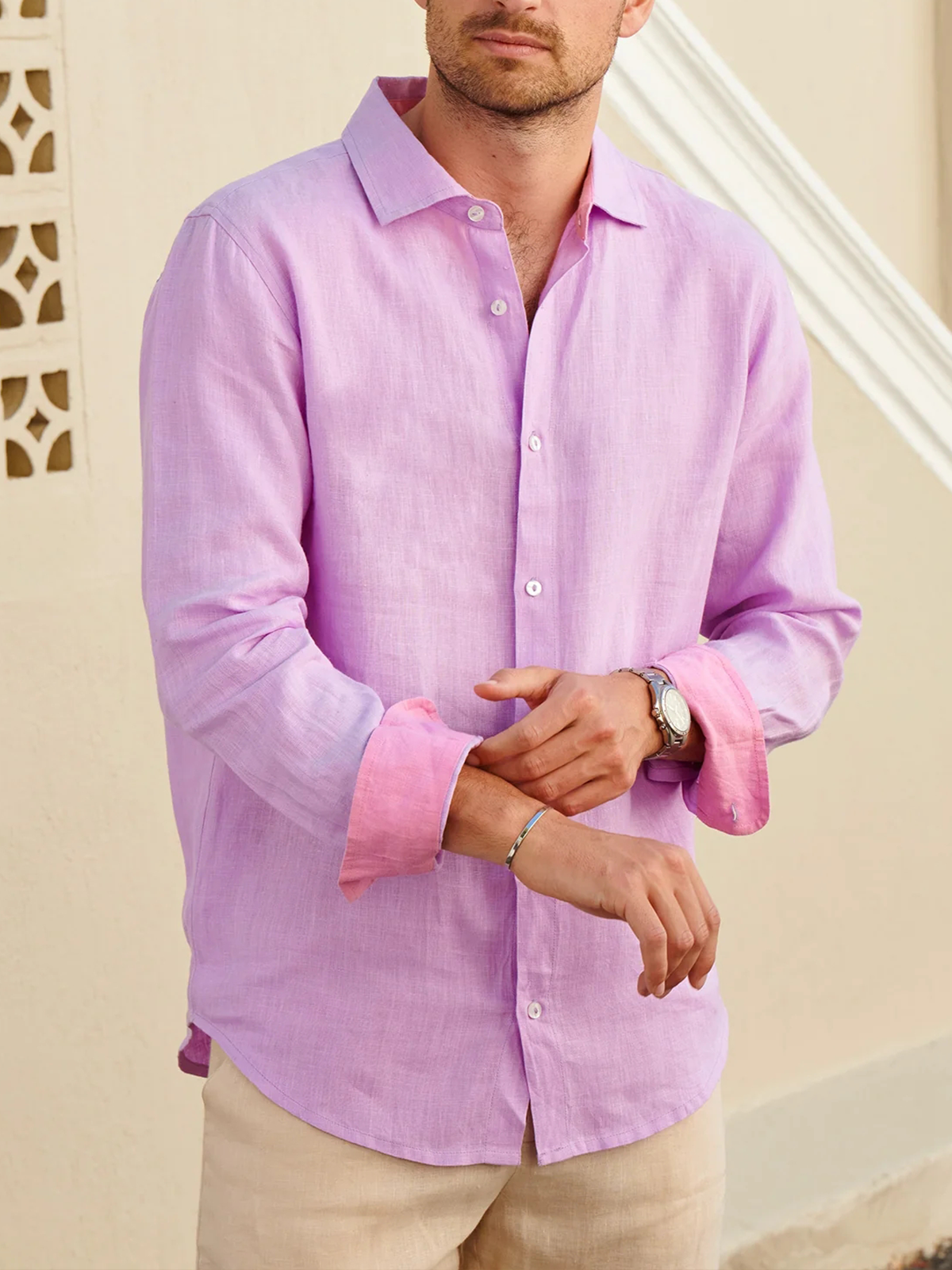 Hardaddy Cotton Contrast Color Long Sleeve Casual Shirt