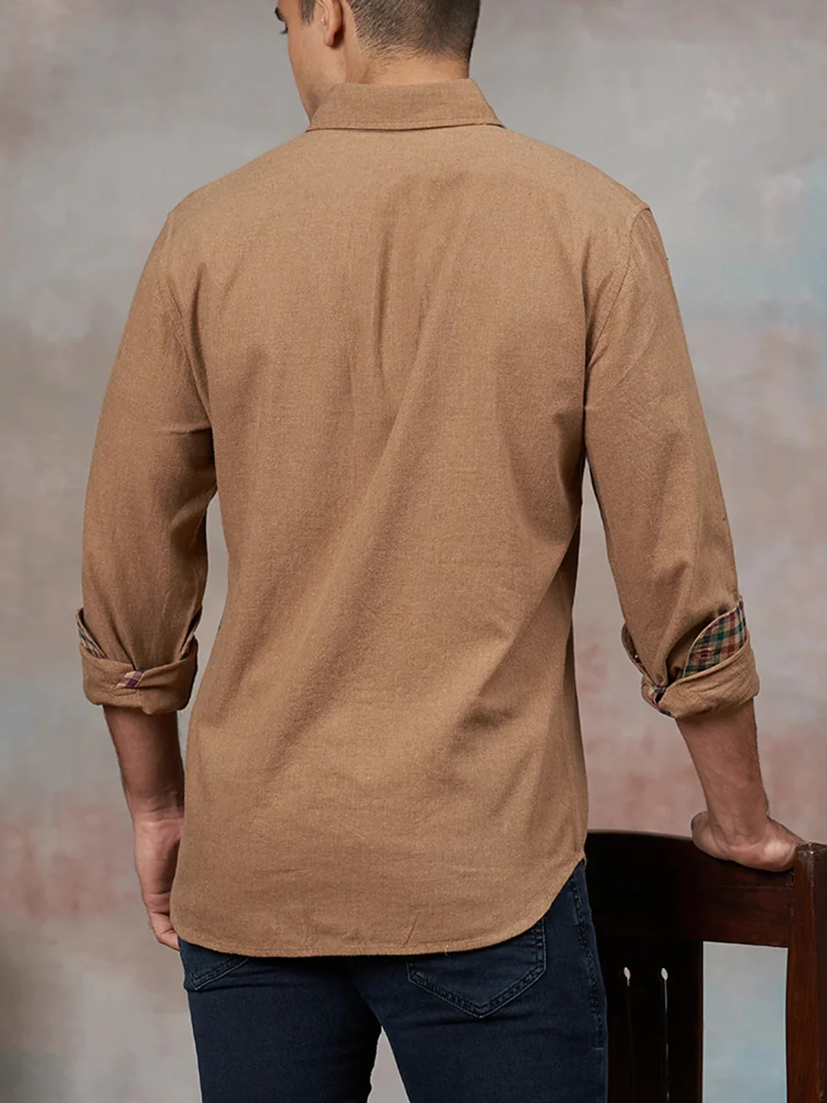 Cotton Plain Panel Check Chest Pocket Long Sleeve Casual Shirt