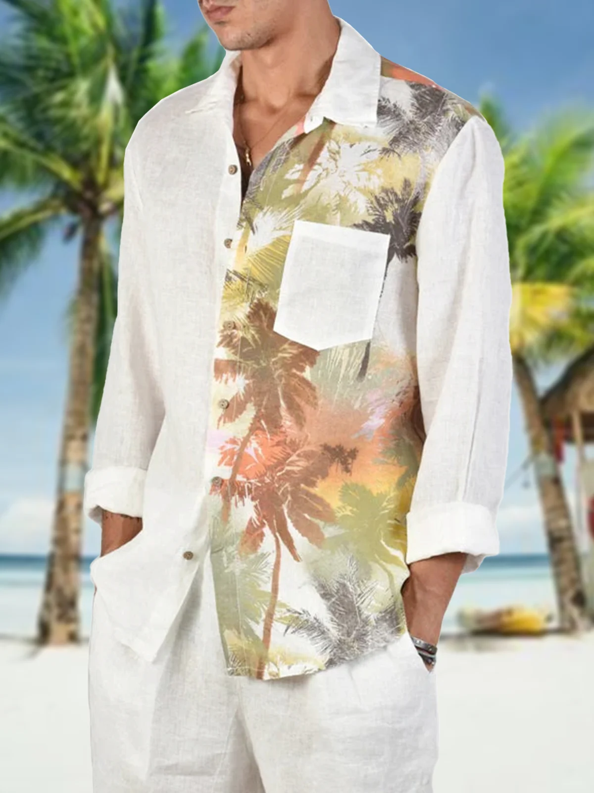 Hardaddy Cotton Plain Coconut Tree Chest Pocket Long Sleeves Casual Shirt