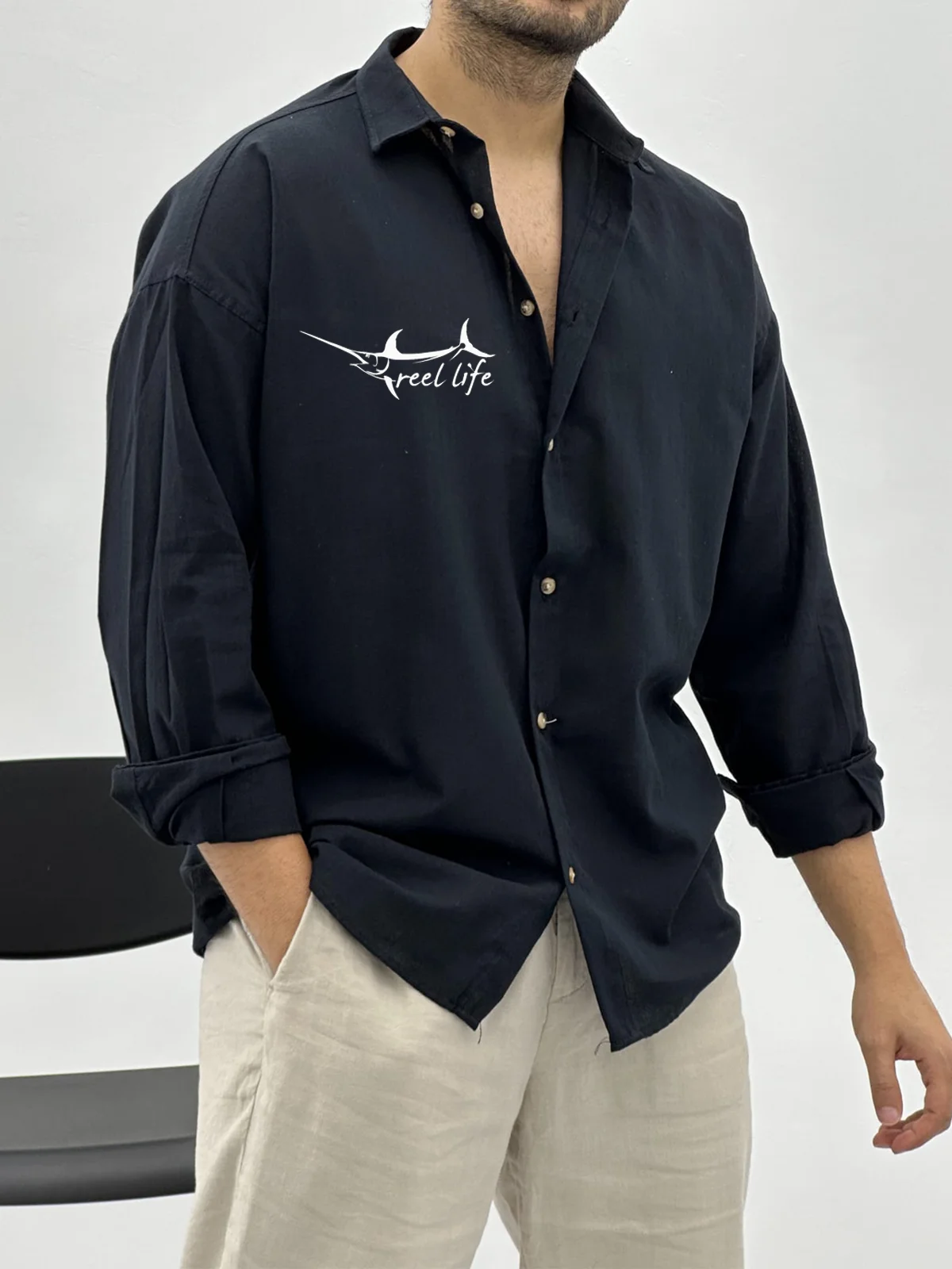 Hardaddy Cotton Sailfish Print Long Sleeve Casual Shirt