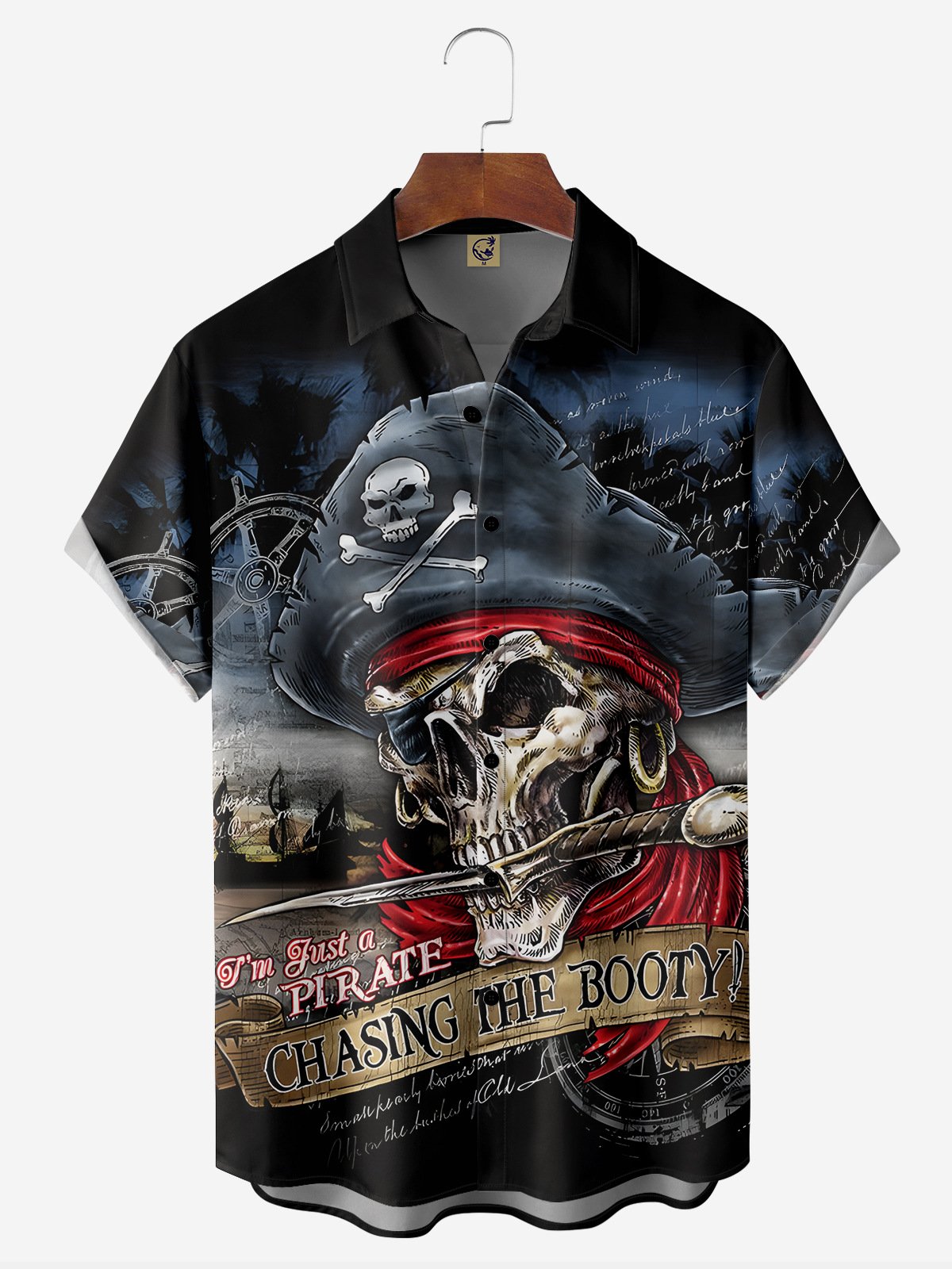 Hardaddy Black Skull Pirate Marine Chest Pocket Short Sleeve Hawaiian Botton Down Shirt