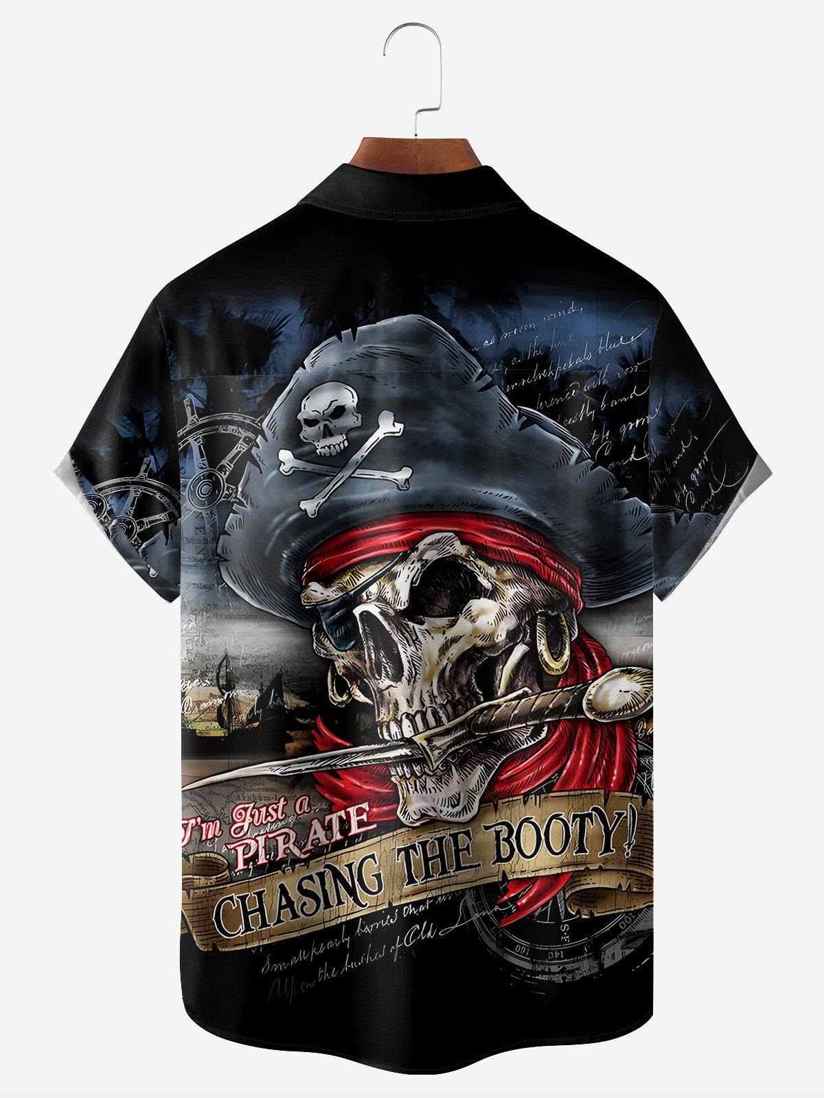 Hardaddy Black Skull Pirate Marine Chest Pocket Short Sleeve Hawaiian Botton Down Shirt