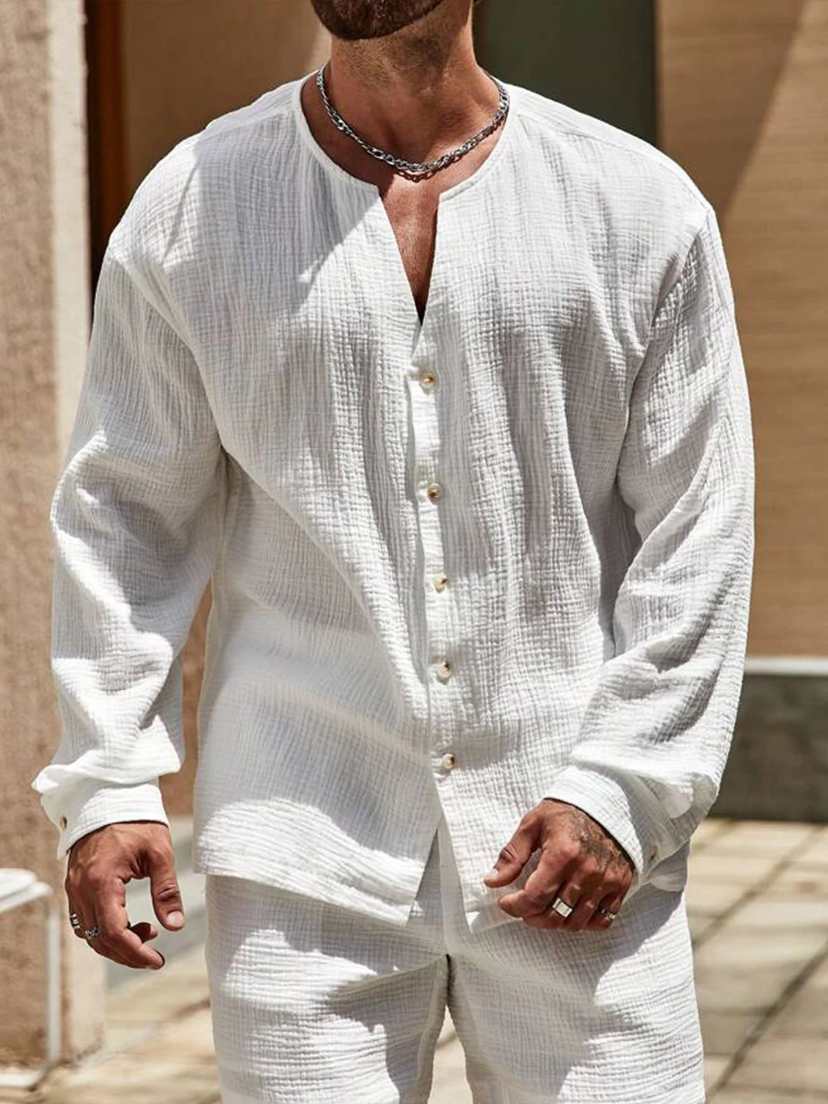 Hardaddy Cotton Plain Long Sleeves Notch Neck Casual Shirt