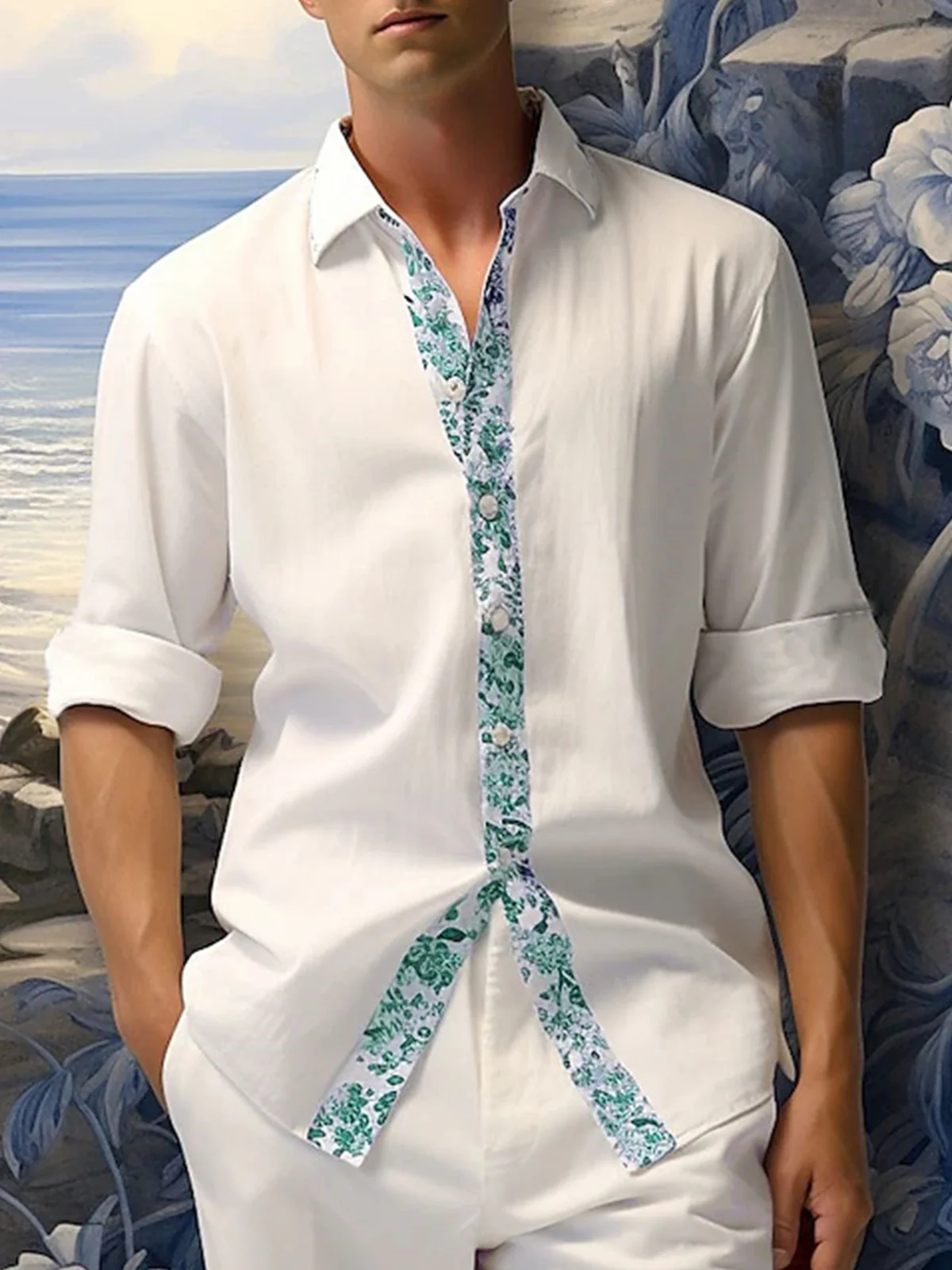 Hardaddy Cotton Plain Stitching Floral Long Sleeve Casual Shirt