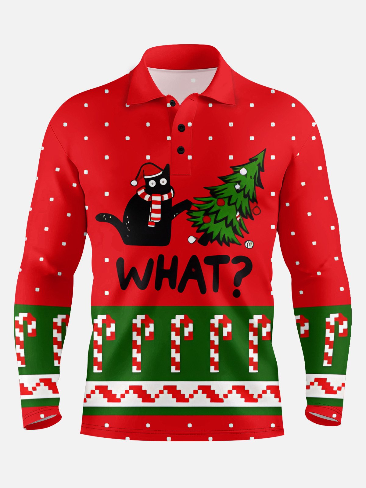 Christmas Cat Candy Cane Long Sleeve Vacation Polo Shirt