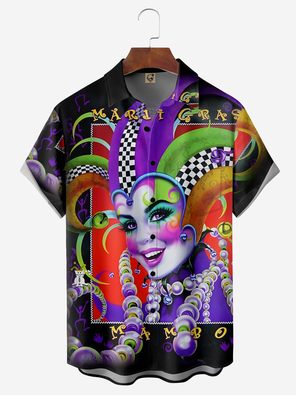 Hardaddy Mardi Gras Mask Chest Pocket Short Sleeve Casual Shirt