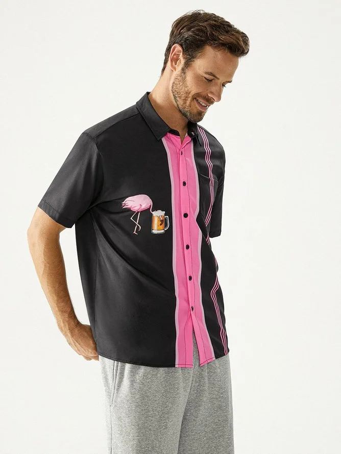 Hardaddy Flamingo Beer Chest Pocket Short Sleeve Bowling Shirt