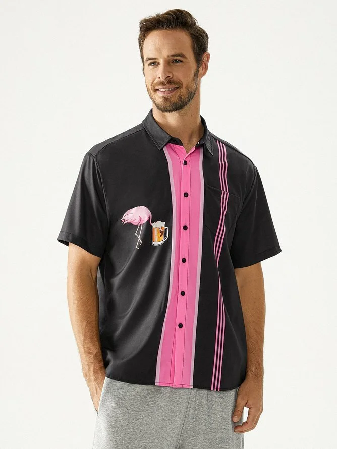 Hardaddy Flamingo Beer Chest Pocket Short Sleeve Bowling Shirt