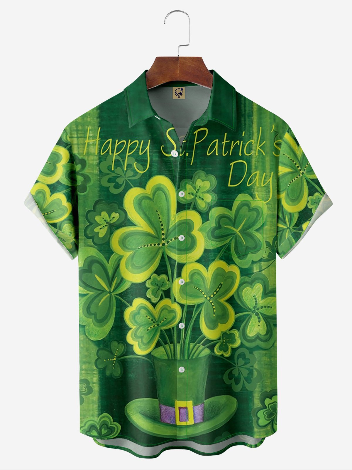 Hardaddy Hawaiian Button Up Shirt for Men Green St. Patrick's Day Lucky Clover Regular Fit Short Sleeve Shirt St Paddy's Day Shirt