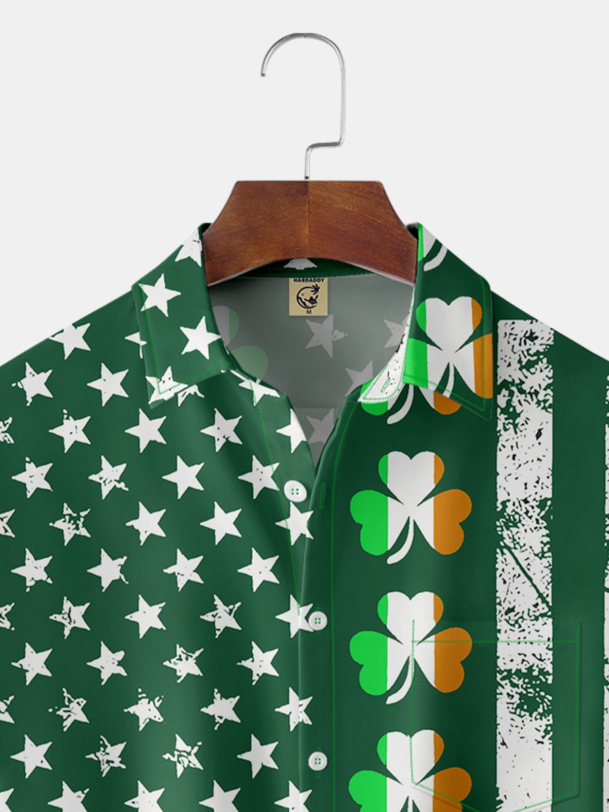 Hardaddy Hawaiian Button Up Shirt for Men Green St. Patrick's Day Lucky Clover American Flag Sharmark Regular Fit Short Sleeve Shirt St Paddy's Day Shirt