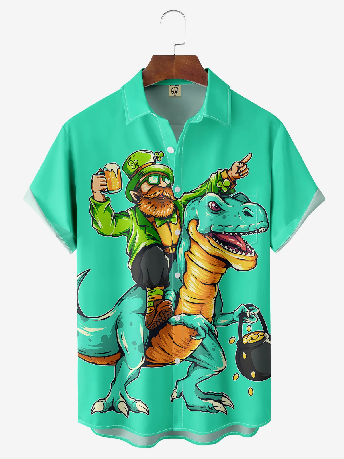 Hardaddy Hawaiian Button Up Shirt for Men Green St. Patrick's Day Dinosaur Beer Gold Coins Regular Fit Short Sleeve Shirt St Paddy's Day Shirt