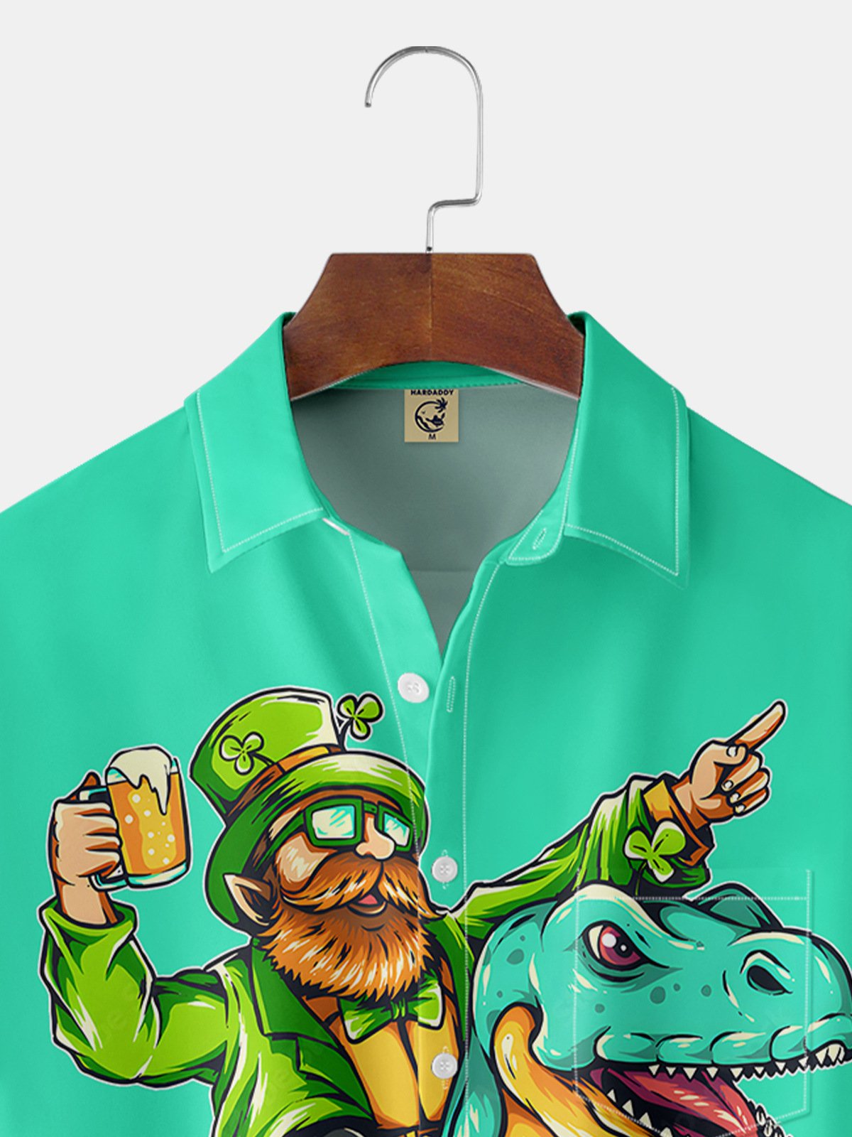 Hardaddy Hawaiian Button Up Shirt for Men Green St. Patrick's Day Dinosaur Beer Gold Coins Regular Fit Short Sleeve Shirt St Paddy's Day Shirt