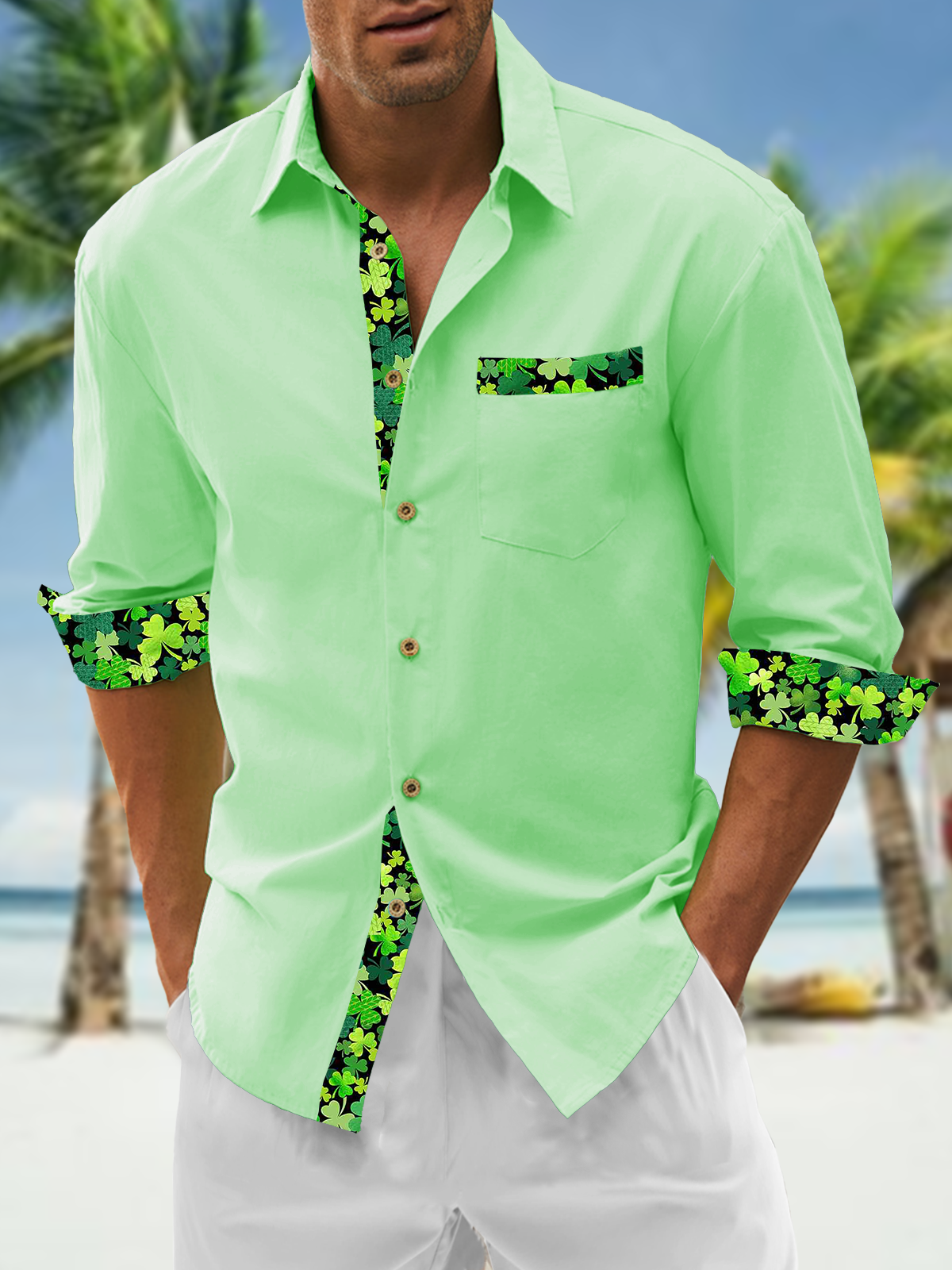 Hardaddy Cotton St Patricks Day Clover Chest Pocket Long Sleeve Casual Shirt
