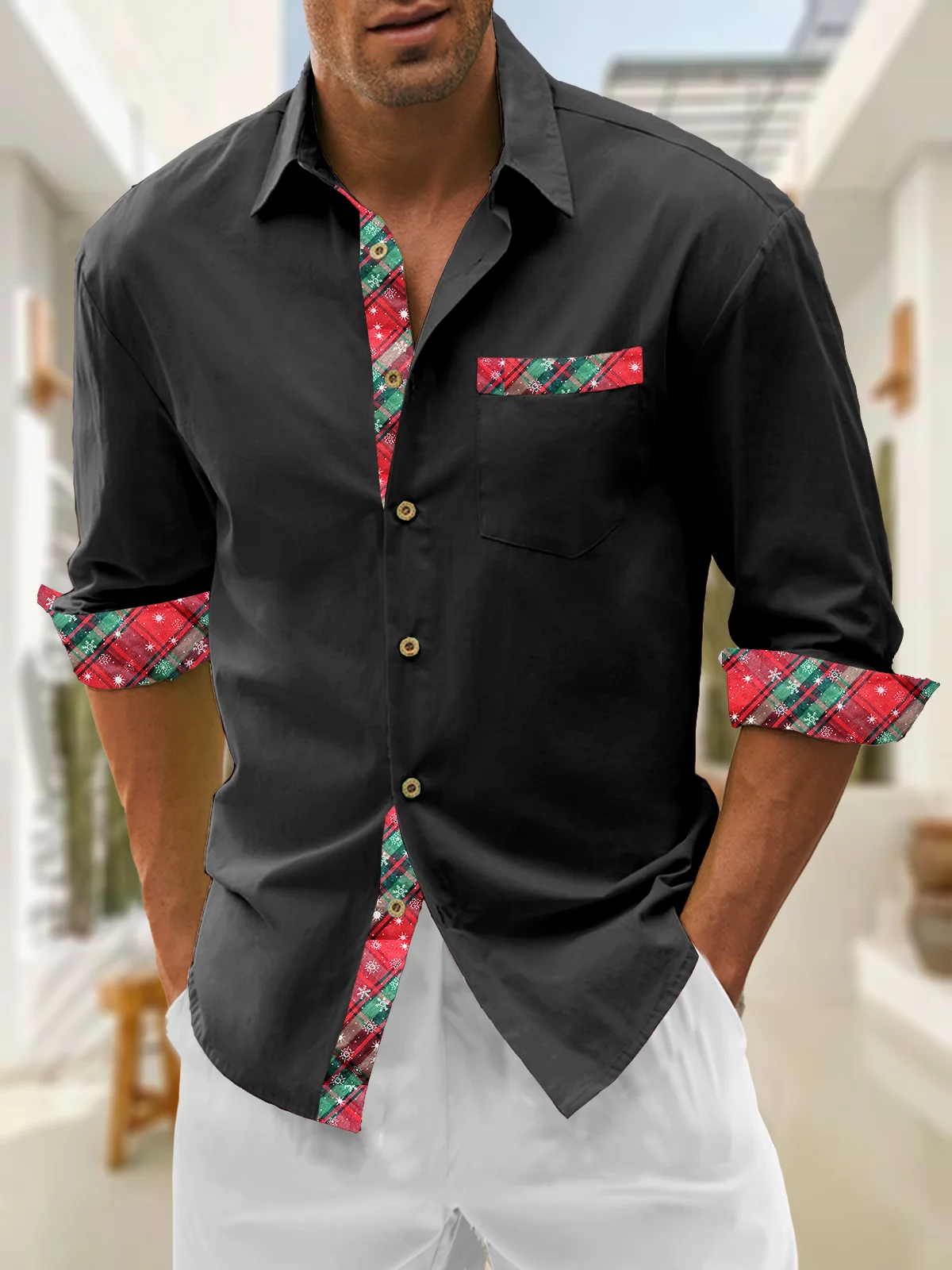 Hardaddy Cotton Plain Patchwork Geometric Chest Pocket Long Sleeved Shirt