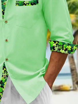 Hardaddy Cotton St Patricks Day Clover Chest Pocket Long Sleeve Casual Shirt