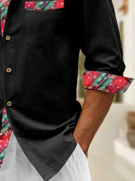 Hardaddy Cotton Plain Patchwork Geometric Chest Pocket Long Sleeved Shirt