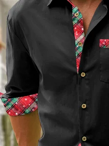 Hardaddy Cotton Plain Patchwork Geometric Chest Pocket Long Sleeved Shirt