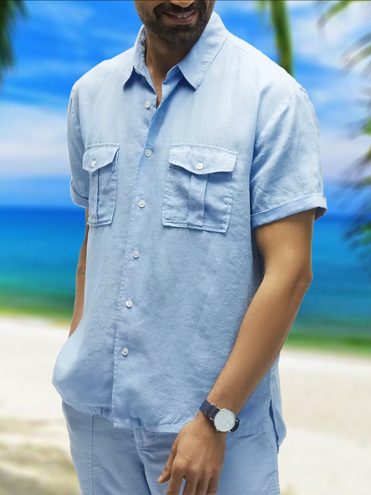 Hardaddy Cotton Plain Box Pleated Short Sleeve Casual Shirt