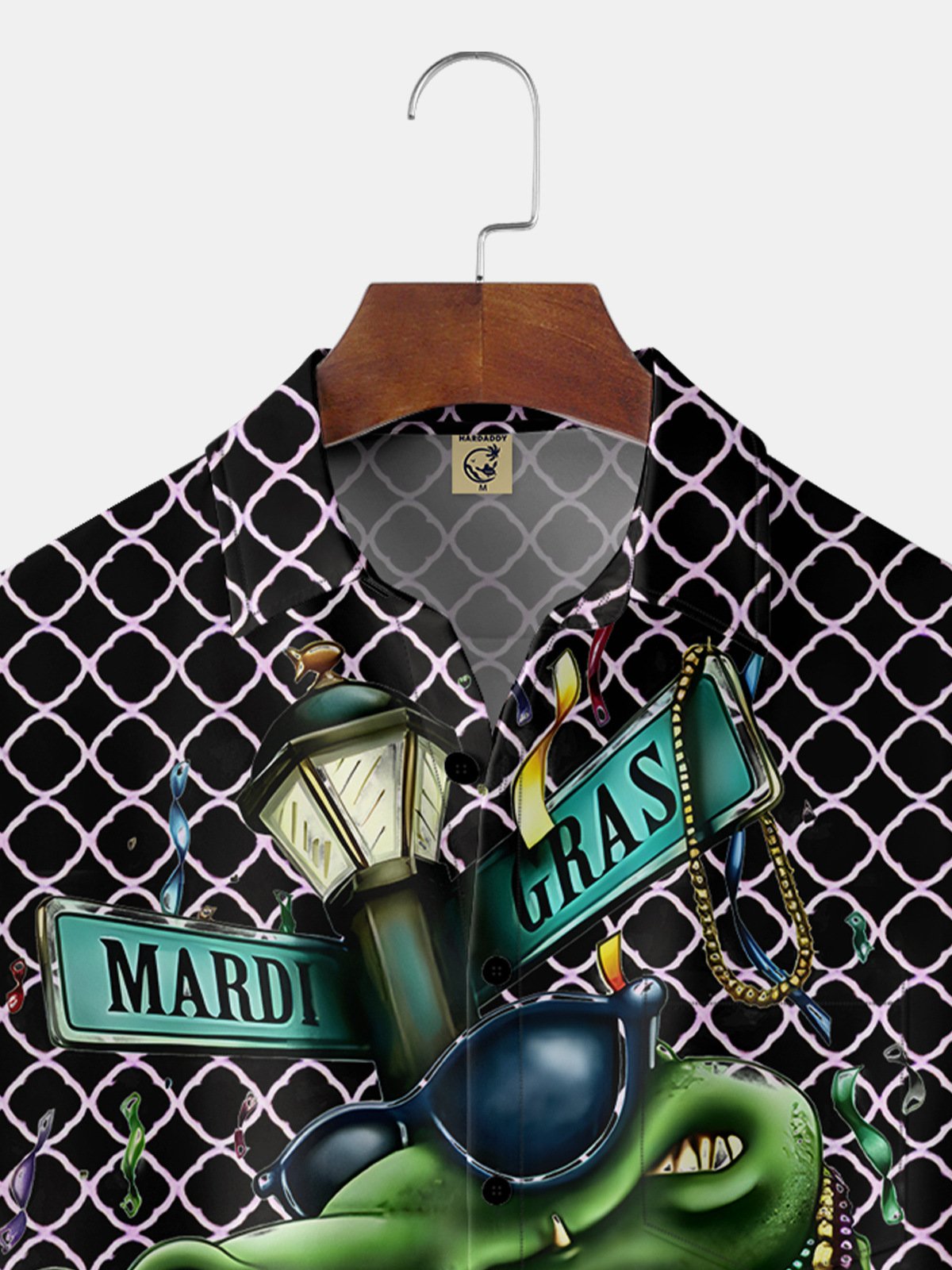 Hardaddy Black Mardi Gras Crocodile Bowling Chest Pocket Regular Fit Short Sleeve Hawaiian Shirt