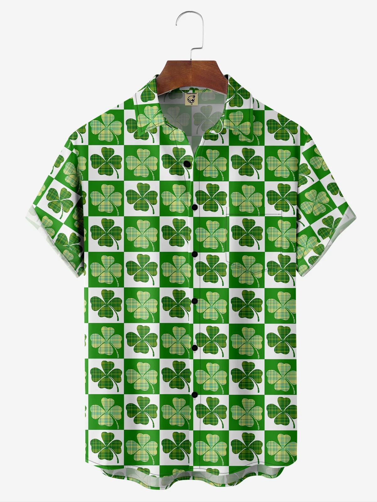Hardaddy Hawaiian Button Up Shirt for Men Green St. Patrick's Day Lucky Clover Lucky Grid Regular Fit Short Sleeve Shirt St Paddy's Day Shirt