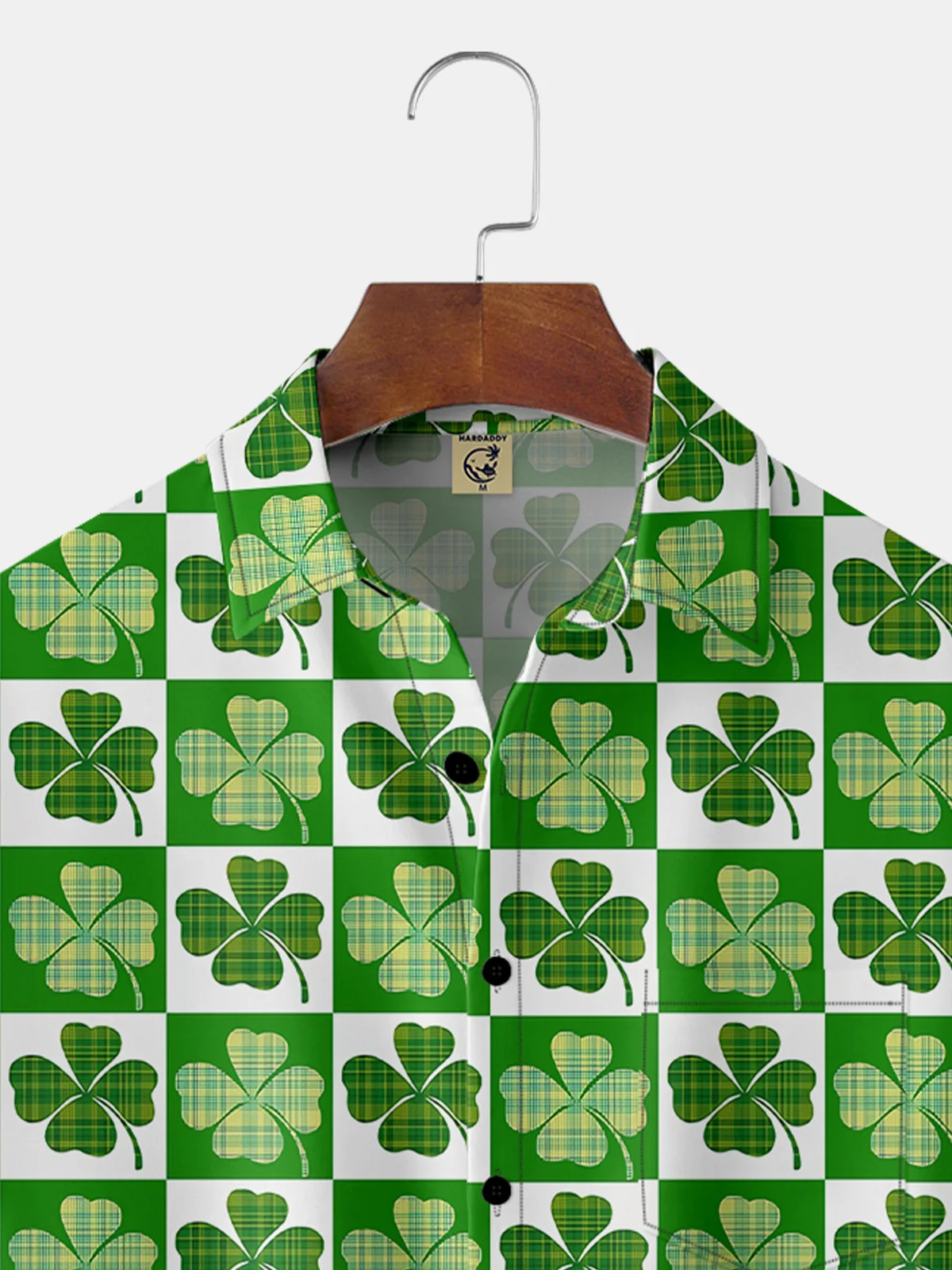 Hardaddy Hawaiian Button Up Shirt for Men Green St. Patrick's Day Lucky Clover Lucky Grid Regular Fit Short Sleeve Shirt St Paddy's Day Shirt