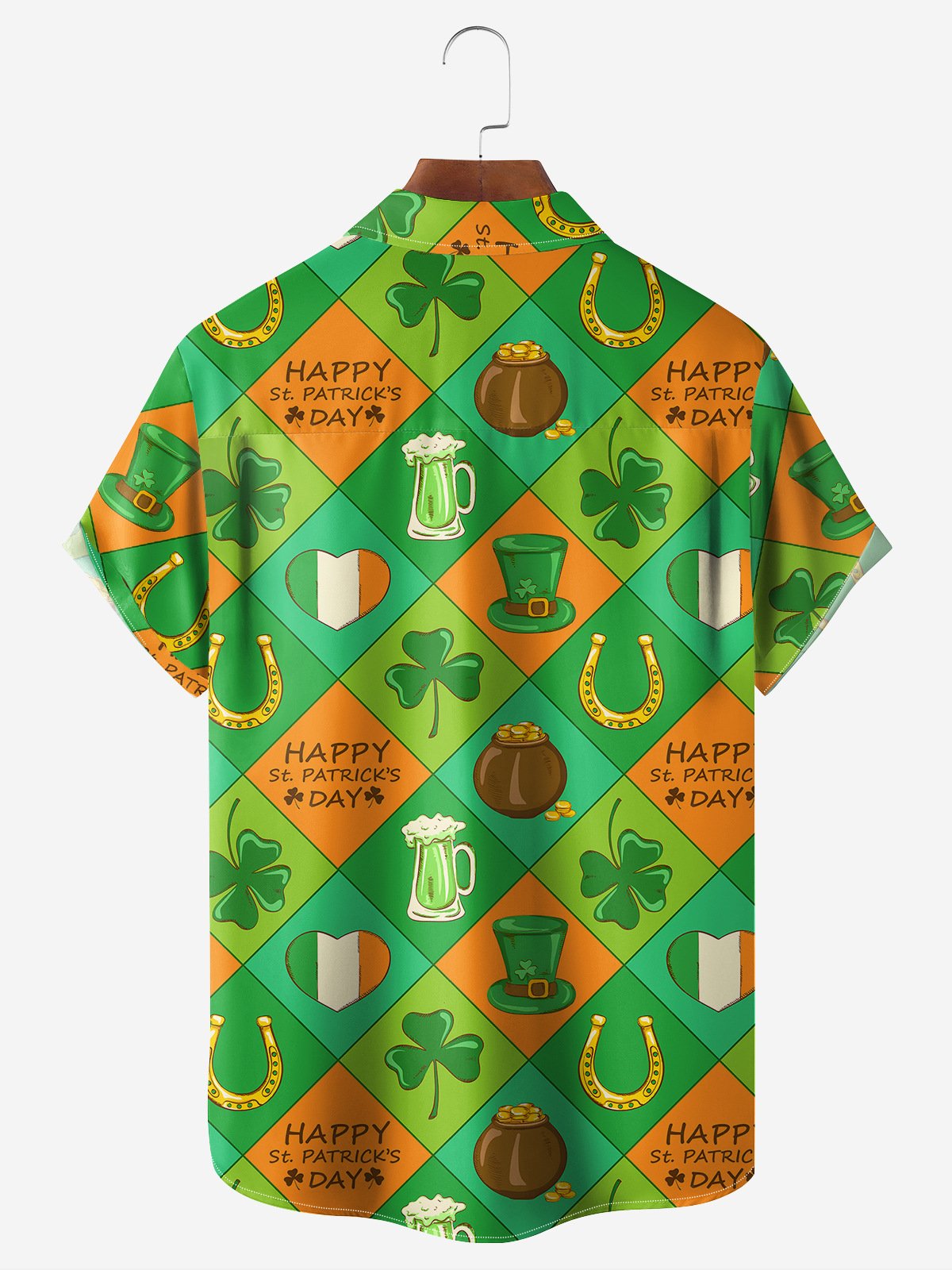 Hardaddy Hawaiian Button Up Shirt for Men Green Irish St. Patrick's Day Lucky Clover Gold Coins Regular Fit Short Sleeve Shirt St Paddy's Day Shirt