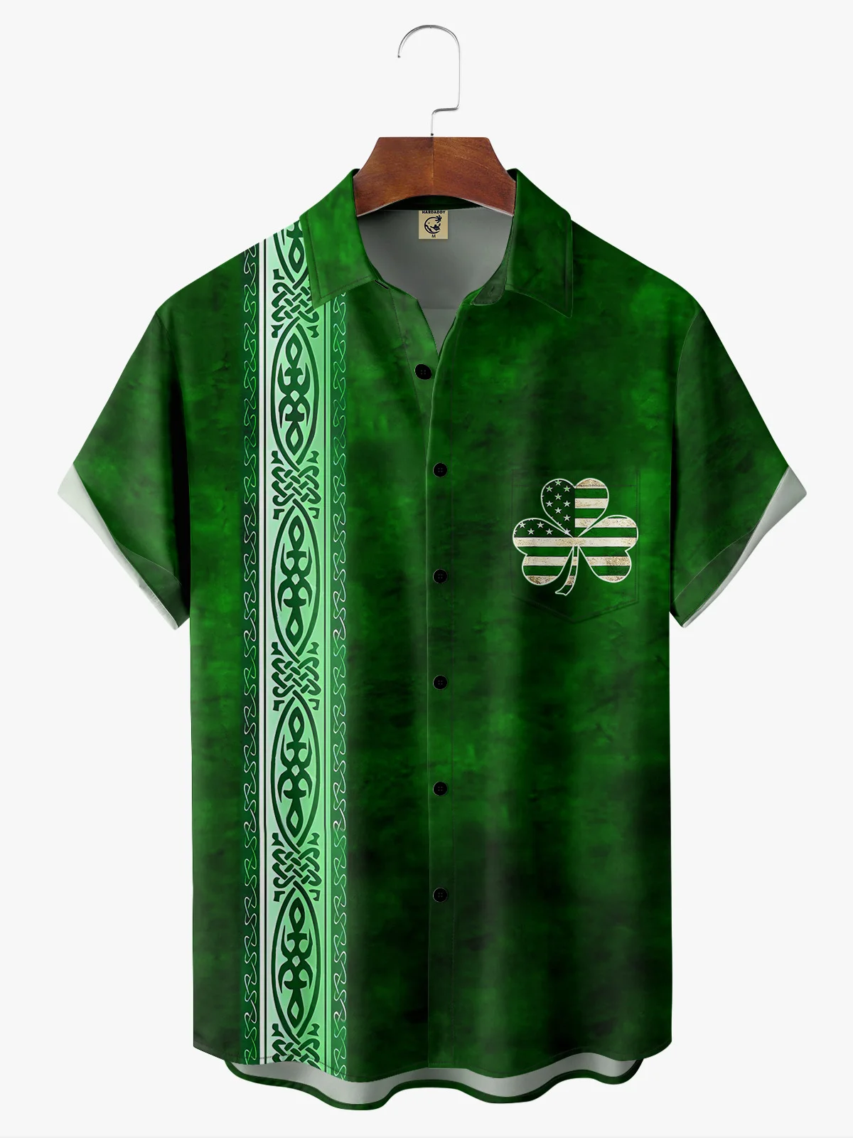 Hardaddy Hawaiian Button Up Shirt for Men Green St. Patrick's Day Lucky Clover Regular Fit Short Sleeve Shirt St Paddy's Day Shirt