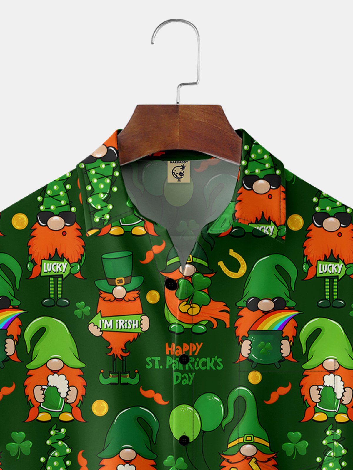 Hardaddy Hawaiian Button Up Shirt for Men Green Irish St. Patrick's Day Lucky Clover Gold Coins Regular Fit Short Sleeve Shirt St Paddy's Day Shirt