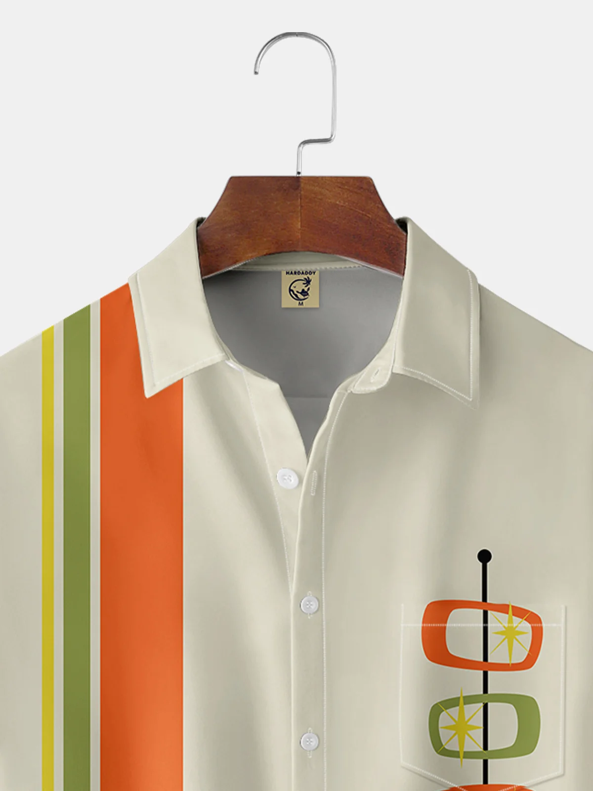 Hardaddy Casual Art Collection Geometric Stripes Color Block Pattern Lapel Short Sleeve Chest Pocket Shirt Print Top