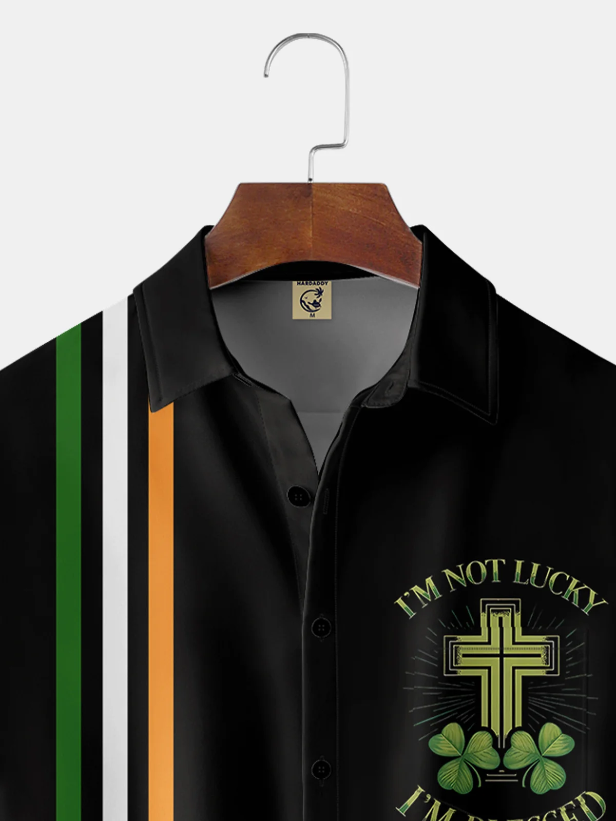 Hardaddy Hawaiian Button Up Shirt for Men Black St. Patrick's Day Lucky Clover Regular Fit Short Sleeve Shirt St Paddy's Day Shirt