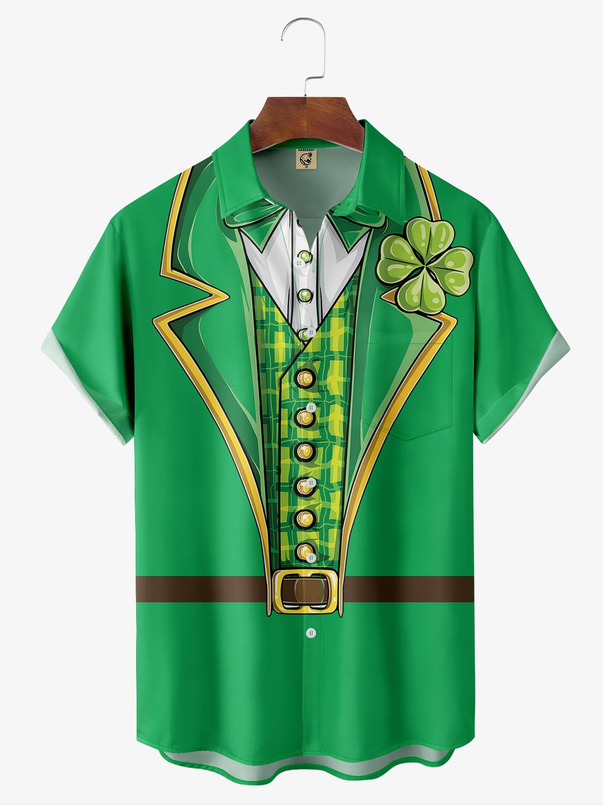 Hardaddy Hawaiian Button Up Shirt for Men Green St. Patrick's Day Lucky Clover Regular Fit Short Sleeve Shirt St Paddy's Day Shirt