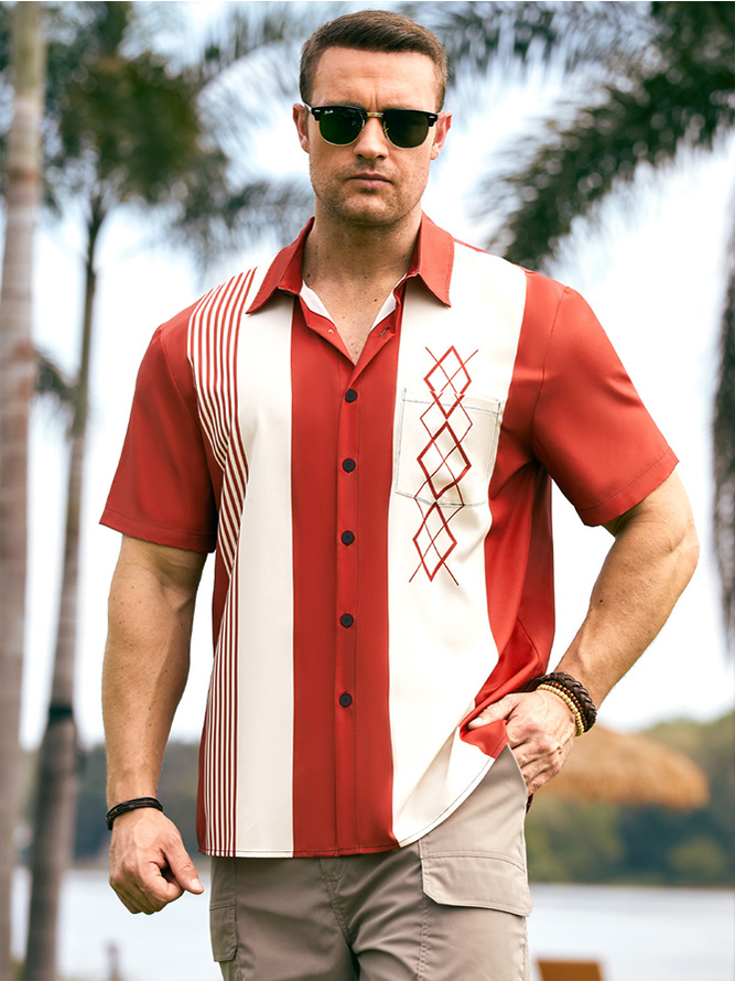 Hardaddy Geometric Color Block Chest Pocket Short Sleeve Bowling Shirt
