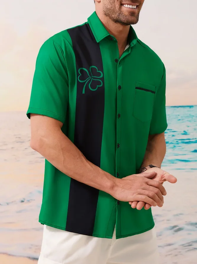Hardaddy Hawaiian Button Up Shirt for Men Green St. Patrick's Day Lucky Clover Regular Fit Short Sleeve Bowling Shirt St Paddy's Day Shirt