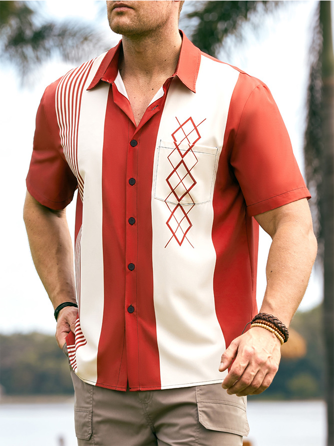 Hardaddy Geometric Color Block Chest Pocket Short Sleeve Bowling Shirt