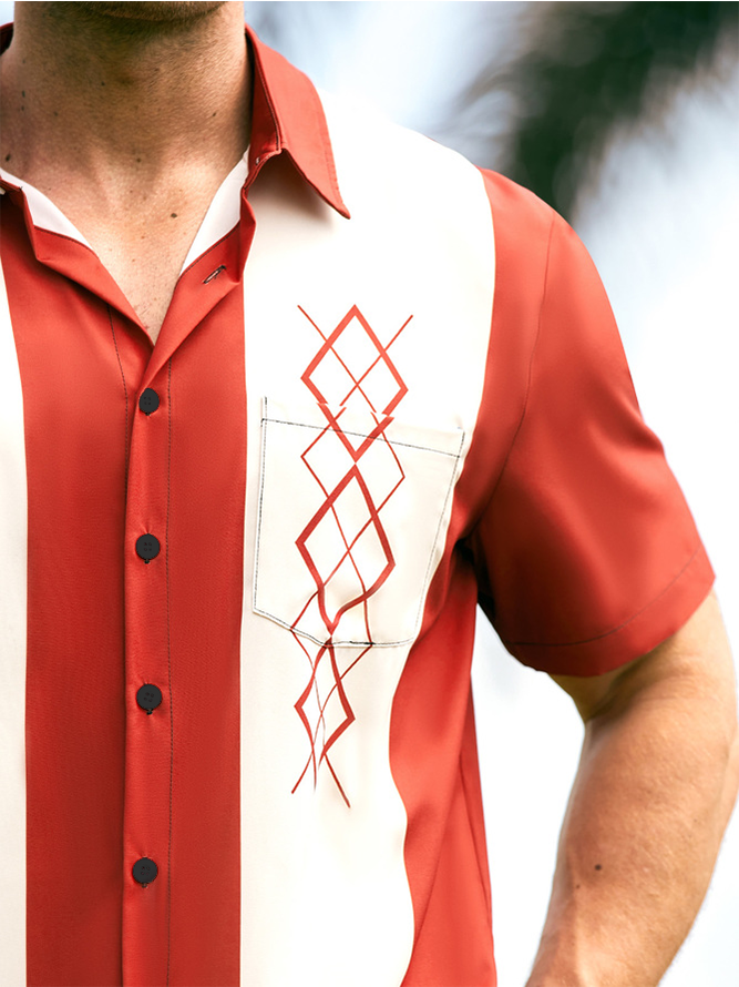 Hardaddy Geometric Color Block Chest Pocket Short Sleeve Bowling Shirt