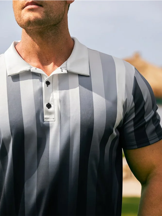 Hardaddy Casual Art Collection Gradient Striped Geometric Pattern Lapel Short Sleeve Polo Print Top