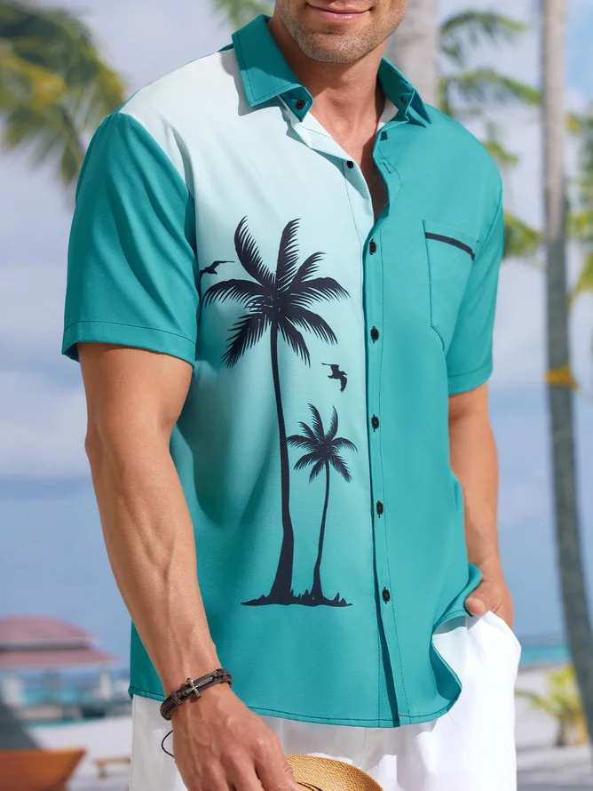 Hardaddy Gradient Coconut Tree Chest Pocket Short Sleeve Shirt