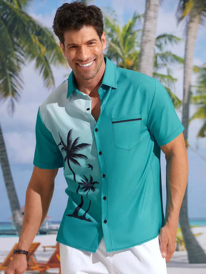 Hardaddy Gradient Coconut Tree Chest Pocket Short Sleeve Shirt