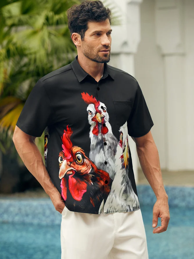 Hardaddy Rooster Chest Pocket Short Sleeve Casual Shirt